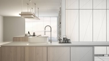 Mimar iç tasarımcı kavramı: gerçek olur bitmemiş proje, minimalist lüks pahalı beyaz ve ahşap mutfak, açık alan, modern iç tasarım konsept fikri