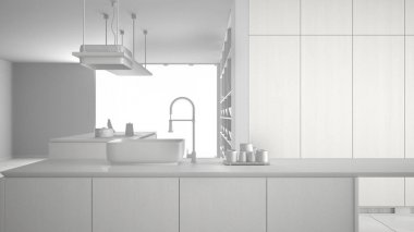 Toplam beyaz proje, malzeme olmadan, minimalist lüks pahalı mutfak, ada, lavabo ve gaz ocağı, açık alan, seramik zemin, modern iç tasarım mimari konsept fikir