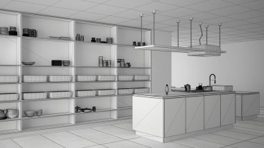 Minimalist lüks pahalı mutfak, ada, lavabo ve gaz ocağı, açık alan, seramik zemin, modern iç tasarım mimari konsept fikir bitmemiş proje