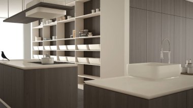 Minimalist lüks pahalı beyaz ve ahşap mutfak, ada, lavabo ve gaz ocağı, açık alan, mermer seramik zemin, modern iç tasarım mimari konsept fikir