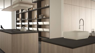 Minimalist lüks pahalı beyaz ve ahşap mutfak, ada, lavabo ve gaz ocağı, açık alan, mermer seramik zemin, modern iç tasarım mimari konsept fikir
