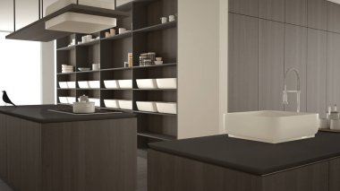 Minimalist lüks pahalı koyu gri mutfak, ada, lavabo ve gaz ocağı, açık alan, mermer seramik zemin, modern iç tasarım mimari konsept fikir