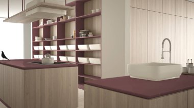 Minimalist lüks pahalı kırmızı ve ahşap mutfak, ada, lavabo ve gaz ocağı, açık alan, mermer seramik zemin, modern iç tasarım mimari konsept fikir