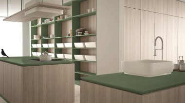 Minimalist lüks pahalı yeşil ve ahşap mutfak, ada, lavabo ve gaz ocağı, açık alan, mermer seramik zemin, modern iç tasarım mimari konsept fikir