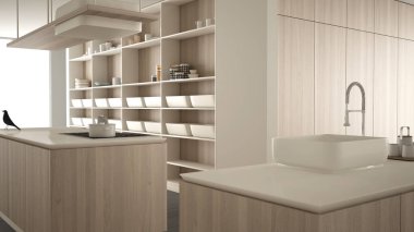 Minimalist lüks pahalı beyaz ve ahşap mutfak, ada, lavabo ve gaz ocağı, açık alan, mermer seramik zemin, modern iç tasarım mimari konsept fikir