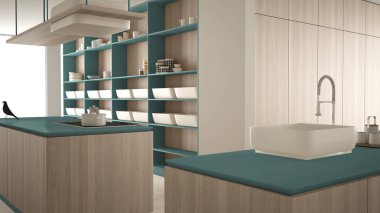 Minimalist lüks pahalı mavi ve ahşap mutfak, ada, lavabo ve gaz ocağı, açık alan, mermer seramik zemin, modern iç tasarım mimari konsept fikir