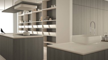 Minimalist lüks pahalı beyaz ve gri ahşap mutfak, ada, lavabo ve ocak, açık alan, mermer seramik zemin, modern iç tasarım mimari konsept fikir