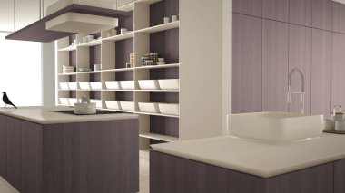 Minimalist lüks pahalı beyaz ve mor ahşap mutfak, ada, lavabo ve ocak, açık alan, mermer seramik zemin, modern iç tasarım mimari konsept fikir