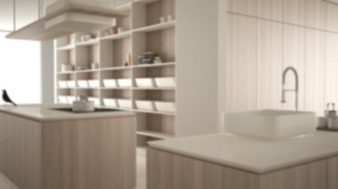 Bulanıklık arka plan iç tasarım, minimalist lüks pahalı mutfak, ada, lavabo ve gaz ocak, açık alan, seramik zemin, modern iç tasarım mimari kavram fikri
