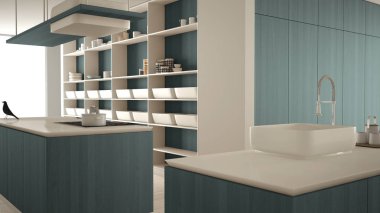 Minimalist lüks pahalı beyaz ve mavi ahşap mutfak, ada, lavabo ve ocak, açık alan, mermer seramik zemin, modern iç tasarım mimari konsept fikir