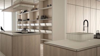 Blueprint taslak taslak, tasarım konsepti, mimar tasarımcı projesi, minimalist lüks pahalı mutfak, ada, lavabo ve gaz ocak, açık alan, seramik zemin, iç tasarım fikri
