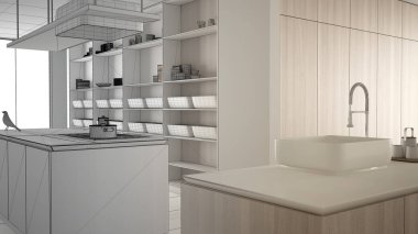 Mimar iç tasarımcı kavramı: gerçek olur bitmemiş proje, minimalist lüks pahalı beyaz ve ahşap mutfak, açık alan, modern iç tasarım konsept fikri