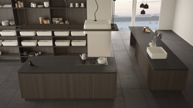Minimalist lüks pahalı koyu gri mutfak, ada, lavabo ve gaz ocağı, açık alan, mermer seramik zemin, modern iç tasarım mimari konsept fikir, yukarıdaki plan üst görünümü