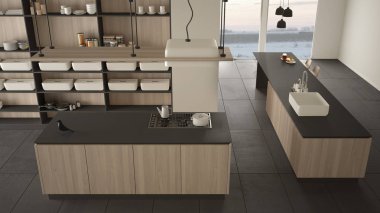 Minimalist lüks pahalı gri ve ahşap mutfak, ada, lavabo ve gaz ocağı, açık alan, mermer seramik zemin, modern iç tasarım mimari konsept fikir, yukarıdaki plan üst görünümü