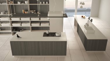 Minimalist lüks pahalı beyaz ve gri ahşap mutfak, ada, lavabo ve gaz ocak, açık alan, mermer seramik zemin, iç tasarım mimari kavram fikri, yukarıdaki plan üst görünümü