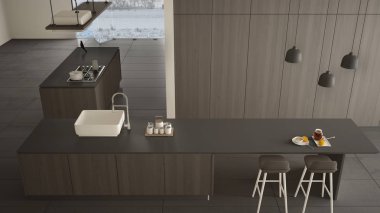 Minimalist lüks pahalı koyu gri mutfak, ada, lavabo ve gaz ocağı, açık alan, mermer seramik zemin, modern iç tasarım mimari konsept fikir, yukarıdaki plan üst görünümü