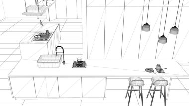 Blueprint proje taslak, minimalist lüks pahalı beyaz mutfak, ada, lavabo ve ocak, açık alan, modern iç tasarım mimarisi kavram fikri, yukarıdaki plan üst görünümü