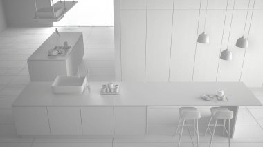 Toplam beyaz proje, malzeme olmadan, minimalist lüks pahalı mutfak, ada, lavabo ve gaz ocak, modern iç tasarım mimarisi kavram fikri, yukarıdaki plan üst görünümü