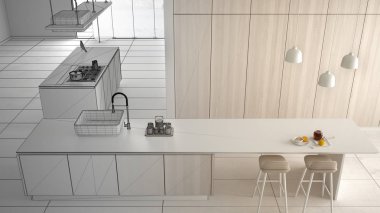 Mimar iç tasarımcı kavramı: gerçek olur bitmemiş proje, minimalist lüks pahalı beyaz ve ahşap mutfak, iç tasarım konsept fikri, yukarıdaki üst görünümü planı