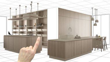 İnşaat taslak, konsept iç tasarım kroki, plan arka plan, mimar ve tasarımcı fikir ile el işaret gerçek ahşap Mutfak altında tamamlanmamış proje