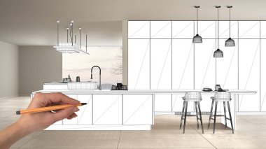 Bitmemiş proje, inşaat taslak altında, konsept iç tasarım kroki, gerçek arka planda el çizim planı mutfak kroki, mimar ve tasarımcı fikri