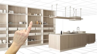 İnşaat taslak, konsept iç tasarım kroki, plan arka plan, mimar ve tasarımcı fikir ile el işaret gerçek ahşap Mutfak altında tamamlanmamış proje