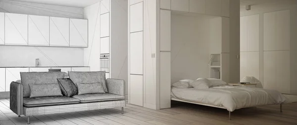 Arquiteto conceito de designer de interiores: projeto inacabado que se torna real, apartamento de um quarto com Murphy cama de parede, cozinha, sala com sofá, parquet, ideia de design minimalista — Fotografia de Stock
