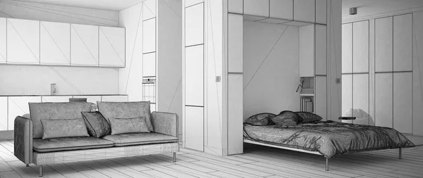 Незавершенный проект однокомнатной квартиры с настенной кроватью Мерфи, кухней, гостиной с диваном. Паркетный пол и минималистский белый интерьер, современная архитектура — стоковое фото