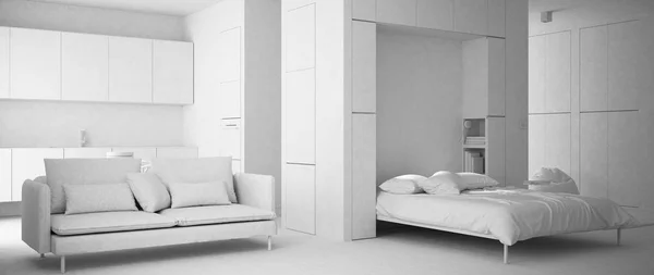 Загальний білий проект однокімнатної квартири з Мерфі настінний ліжко, кухня, вітальня з диваном. Паркетна підлога і мінімалістичний білий дизайн інтер'єру, ідеї концепції сучасної архітектури — стокове фото