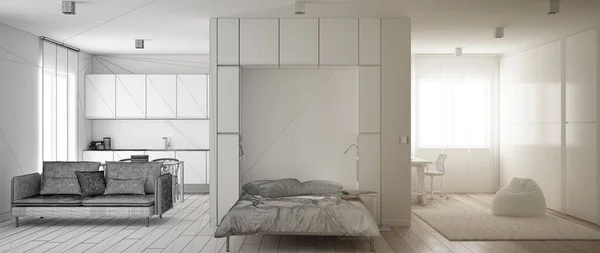 Architetto concetto di interior designer: progetto incompiuto che diventa reale, murphy letto a parete in un appartamento di una stanza con cucina, soggiorno e casa di lavoro, idea di design minimalista — Foto Stock
