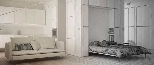 Концепция архитектора интерьера: незавершенный проект, который становится реальным, однокомнатная квартира с настенной кроватью Murphy, кухня, гостиная с диваном, паркет, минималистичная идея дизайна — стоковое фото