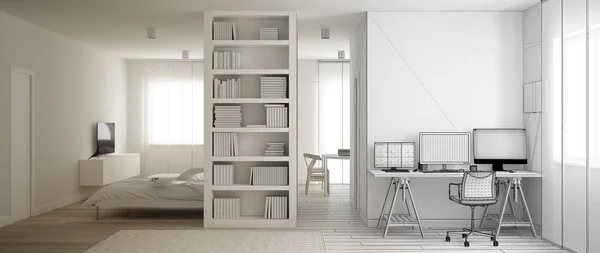 Arquitecto concepto de diseñador de interiores: proyecto inacabado que se convierte en real, piso de una habitación con parquet, lugar de trabajo con escritorio en la sala de estar, cama Murphy, idea de diseño minimalista —  Fotos de Stock