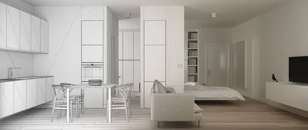 Architetto interior designer concept: progetto incompiuto che diventa realtà, monolocale, piccola cucina bianca con parquet, tavolo e divano, letto a scomparsa, idea di design minimalista — Foto Stock