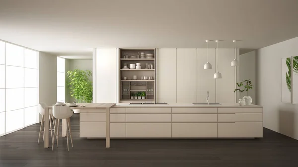 Cozinha minimalista branca e cinza em apartamento ecológico, ilha, mesa, bancos e armário aberto com acessórios, janela, bambu, vasos hidropônicos, parquet, ideia de design de interiores — Fotografia de Stock
