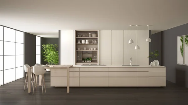 White and gray minimalist kitchen in eco friendly apartment, island, table, stools and open cabinet with accessories, window, bamboo, hydroponic vases, parquet , interior design idea — Φωτογραφία Αρχείου