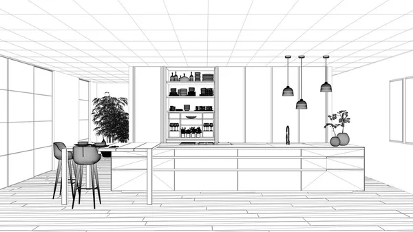 Projet de projet Blueprint, cuisine minimaliste, îlot, table, tabourets et armoire ouverte avec accessoires, fenêtre, bambou, vases hydroponiques, parquet, concept design d'intérieur idée — Photo