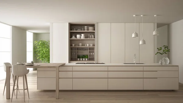 Λευκή μινιμαλιστική κουζίνα σε φιλικό προς το περιβάλλον διαμέρισμα, νησί, τραπέζι, σκαμπό και ανοιχτό ντουλάπι με αξεσουάρ, μεγάλο παράθυρο, μπαμπού και υδροπονικά βάζα, παρκέ, ιδέα εσωτερικής διακόσμησης — Φωτογραφία Αρχείου