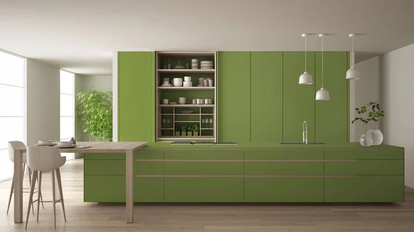 Biało-zielona minimalistyczna kuchnia w ekologicznym mieszkaniu, wyspa, stół, stołki i otwarta szafka z akcesoriami, okno, bambus, wazony hydroponiczne, parkiet, pomysł na wystrój wnętrz — Zdjęcie stockowe