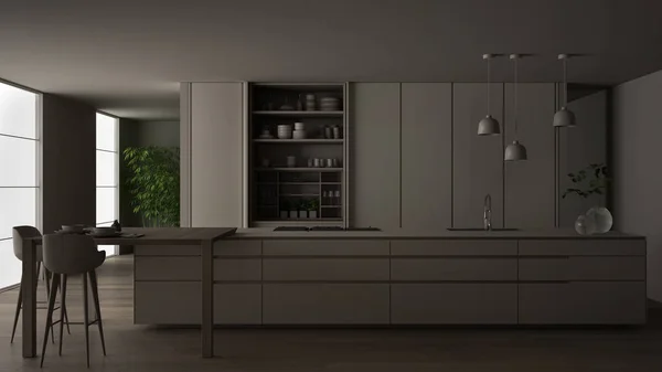 Cozinha branca e minimalista em apartamento ecológico, ilha, mesa, bancos e armário aberto, janela, bambu, vasos hidropônicos, parquet, cena noturna ideia de design de interiores — Fotografia de Stock