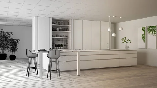 Arquitecto concepto de diseñador de interiores: proyecto inacabado que se convierte en real, cocina minimalista, isla, ventana, bambú, jarrones hidropónicos, parquet, idea de concepto de diseño de interiores — Foto de Stock