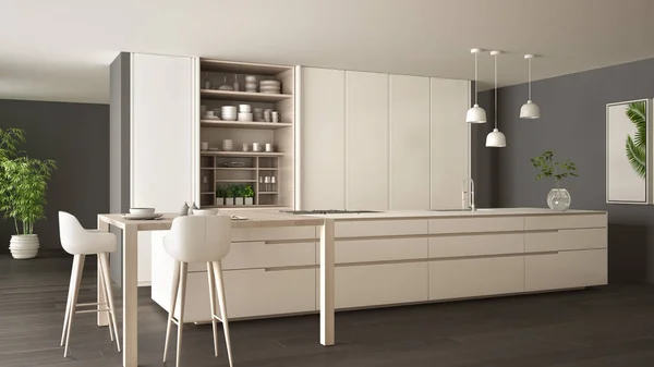 White and gray minimalist kitchen in eco friendly apartment, island, table, stools and open cabinet with accessories, window, bamboo, hydroponic vases, parquet , interior design idea — Φωτογραφία Αρχείου