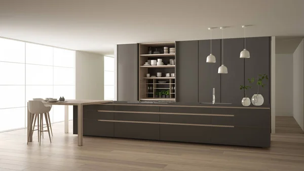 Cucina minimalista bianca e grigia in appartamento eco friendly, isola, tavolo, sgabelli e armadio aperto con accessori, finestra, bambù, vasi idroponici, parquet, idea di interior design — Foto Stock