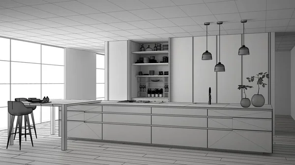 Projet inachevé de cuisine minimaliste, îlot, table, tabourets et armoire ouverte avec accessoires, fenêtre, bambou, vases hydroponiques, parquet, concept de design d'intérieur idée — Photo