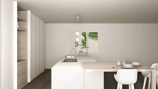 White and gray minimalist kitchen in eco friendly apartment, island, table, stools and open cabinet with accessories, window, bamboo, hydroponic vases, parquet , interior design idea — Stock Photo, Image