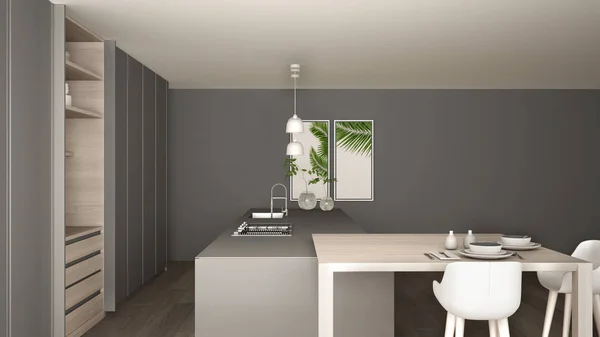 White and gray minimalist kitchen in eco friendly apartment, island, table, stools and open cabinet with accessories, window, bamboo, hydroponic vases, parquet , interior design idea