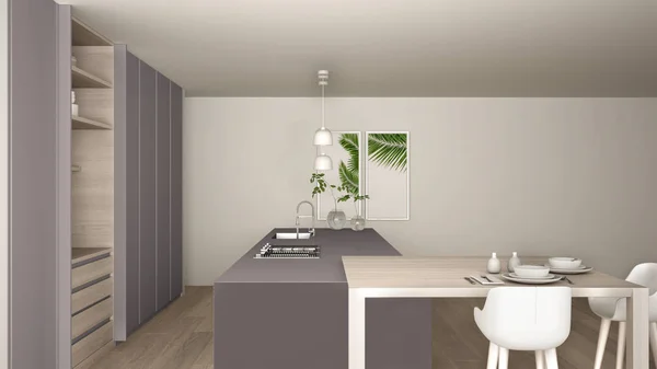 White and purple minimalist kitchen in eco friendly apartment, island, table, stools and open cabinet with accessories, window, bamboo, hydroponic vases, parquet , interior design idea — Stock Photo, Image