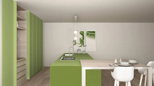 Cozinha minimalista branca e verde em apartamento ecológico, ilha, mesa, bancos e armário aberto com acessórios, janela, bambu, vasos hidropônicos, parquet, ideia de design de interiores — Fotografia de Stock