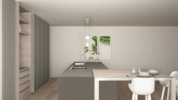 White and gray minimalist kitchen in eco friendly apartment, island, table, stools and open cabinet with accessories, window, bamboo, hydroponic vases, parquet , interior design idea — Stock fotografie