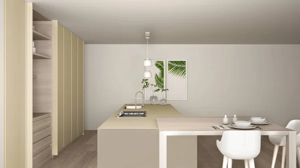 Bílá a béžová minimalistická kuchyň v ekologickém bytě, ostrov, stůl, stoličky a otevřená skříň s příslušenstvím, okno, bambus, hydroponické vázy, parkety, design interiéru — Stock fotografie