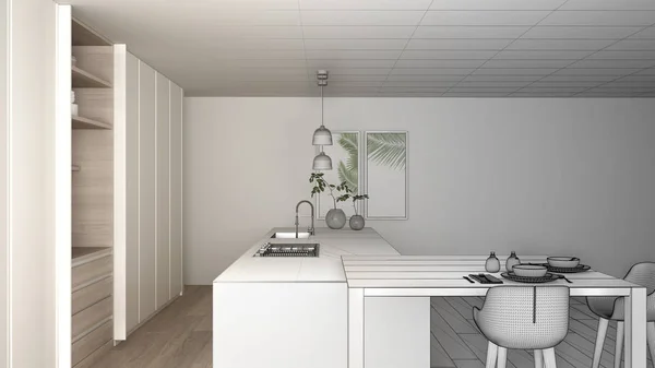 Koncepce designu interiérů: nedokončený projekt, který se stává skutečnou, minimalistickou kuchyní, ostrovem, oknem, bambusovým, hydroponickým vázy, parketou a konceptem designu interiéru — Stock fotografie